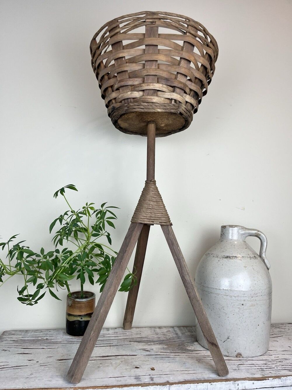 Vintage MCM Hand Woven Wicker Basket Planter On Wooden Legged Tripod Stand Boho